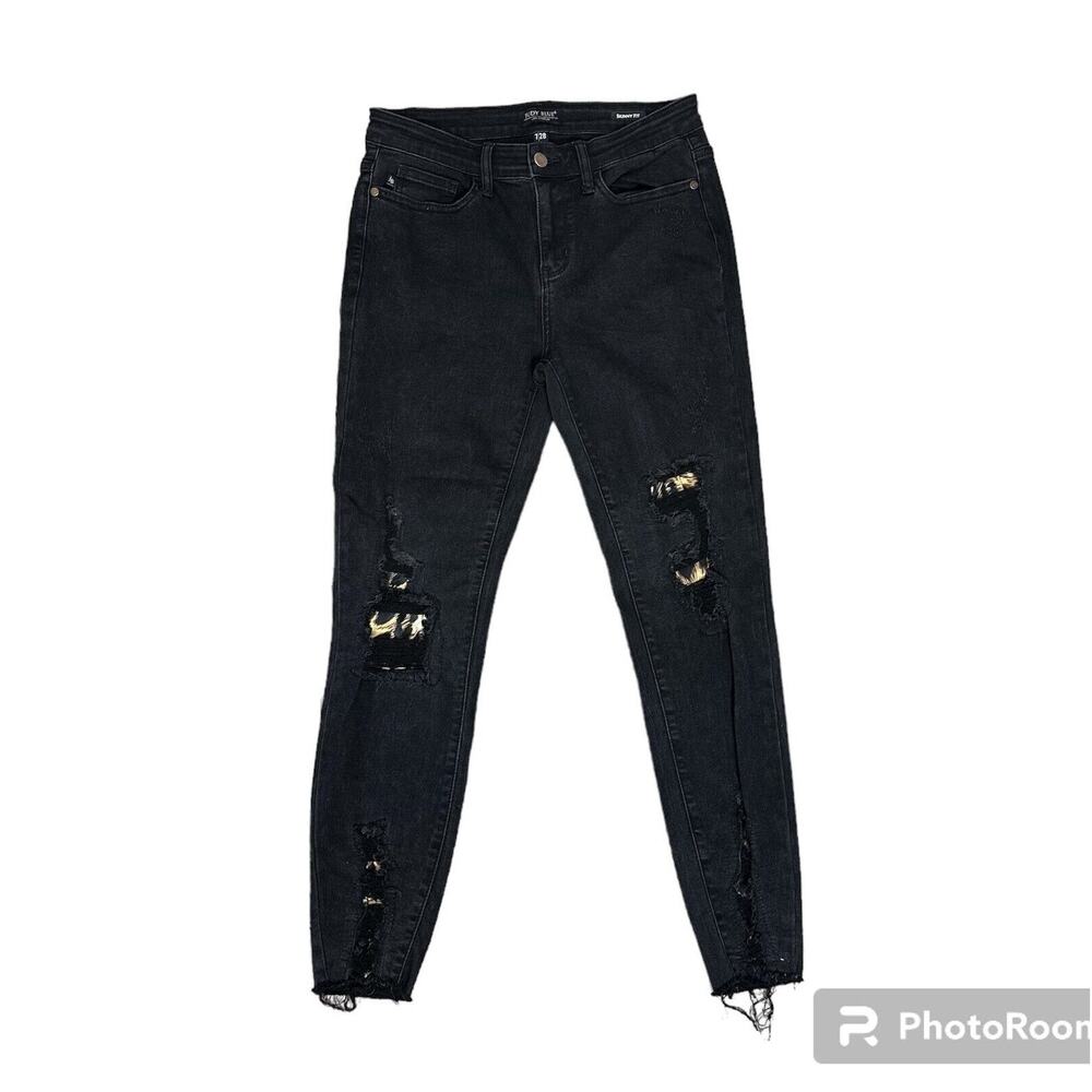 Judy Blue Jeans Womens 7/28 Black Skinny Fit Leopard Print Patches Distressed